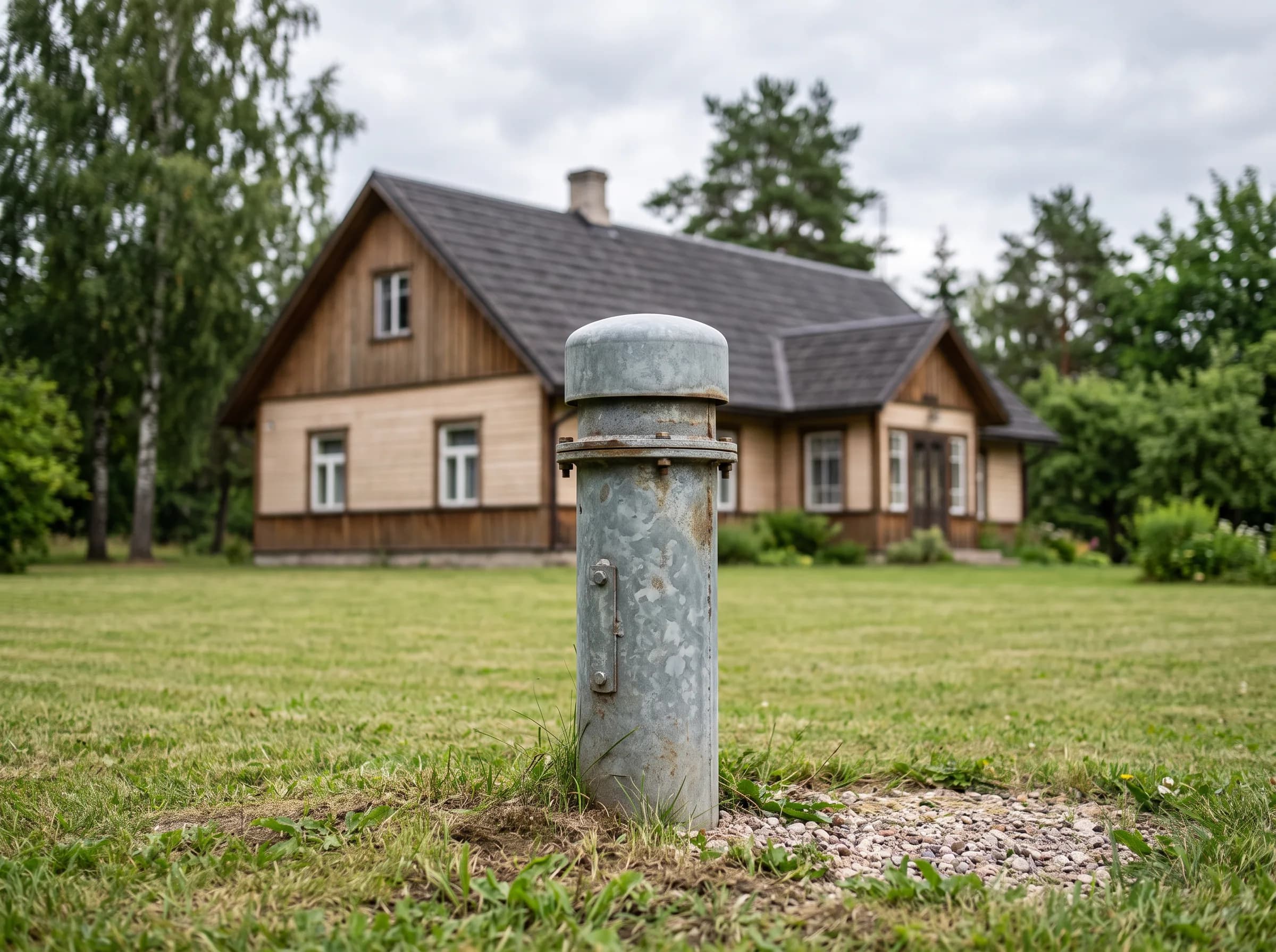Puurkaevu pea hoolitsetud murul, taamal puitvoodriga eramu — tüüpiline puurkaev Eesti maakodu õuel