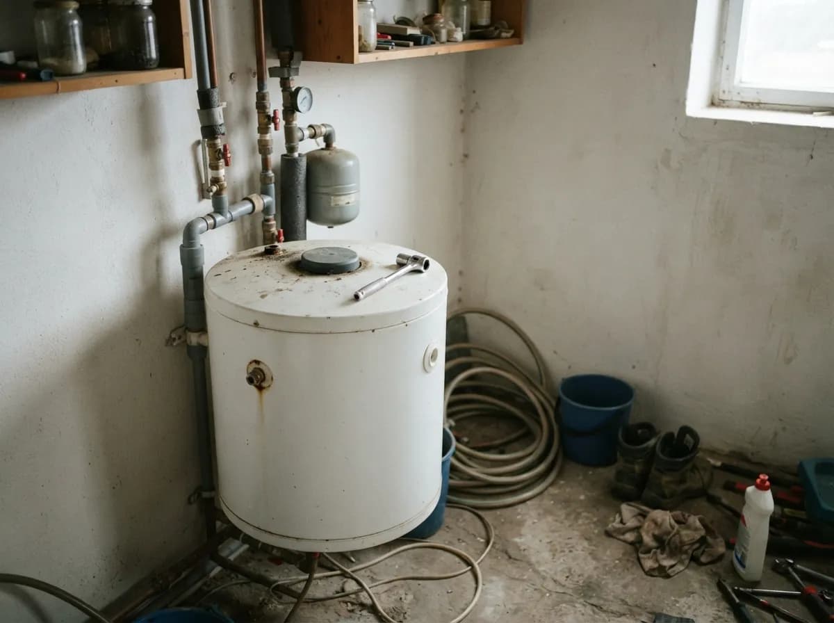 Valge elektriline boiler kodu tehnoruumi nurgas, tanki peal anoodi ava ja mutrivõti, kõrval torustik