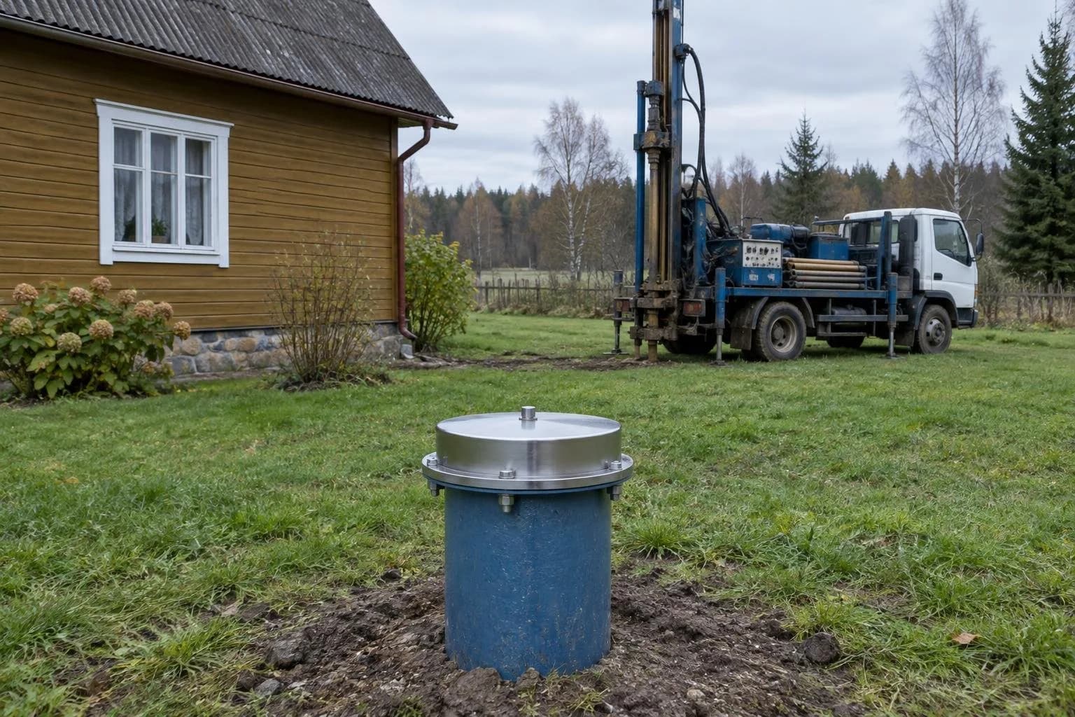 Puurkaevu kaevupea muruplatsil, taga puurauto ja puitmaja