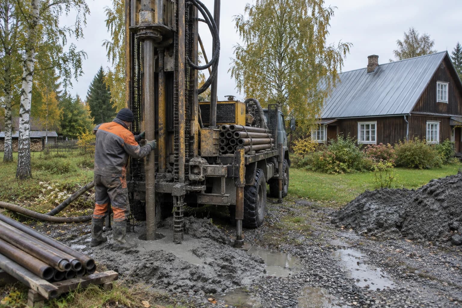 Puurija juhib puurvarrast kinnistul, taga puurauto ja puitmaja