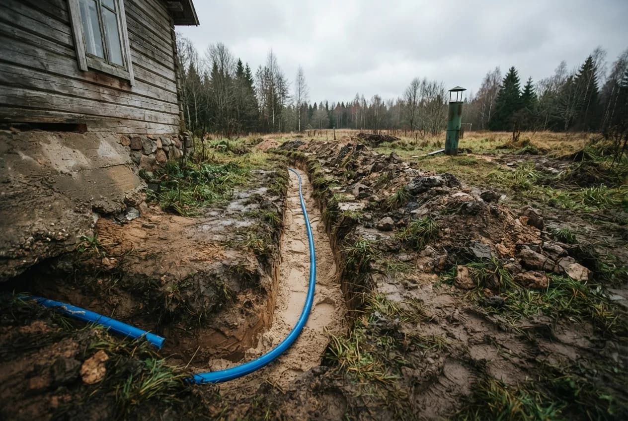 Kaevatud kraav puitmaja kõrval, kraavis sinine torustik, taga roheline õhutustoru