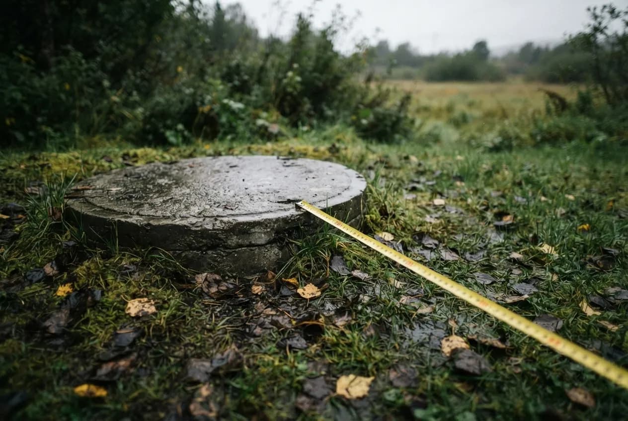 Betoonkaas niiskel murul ja selle kõrval maas mõõdulint