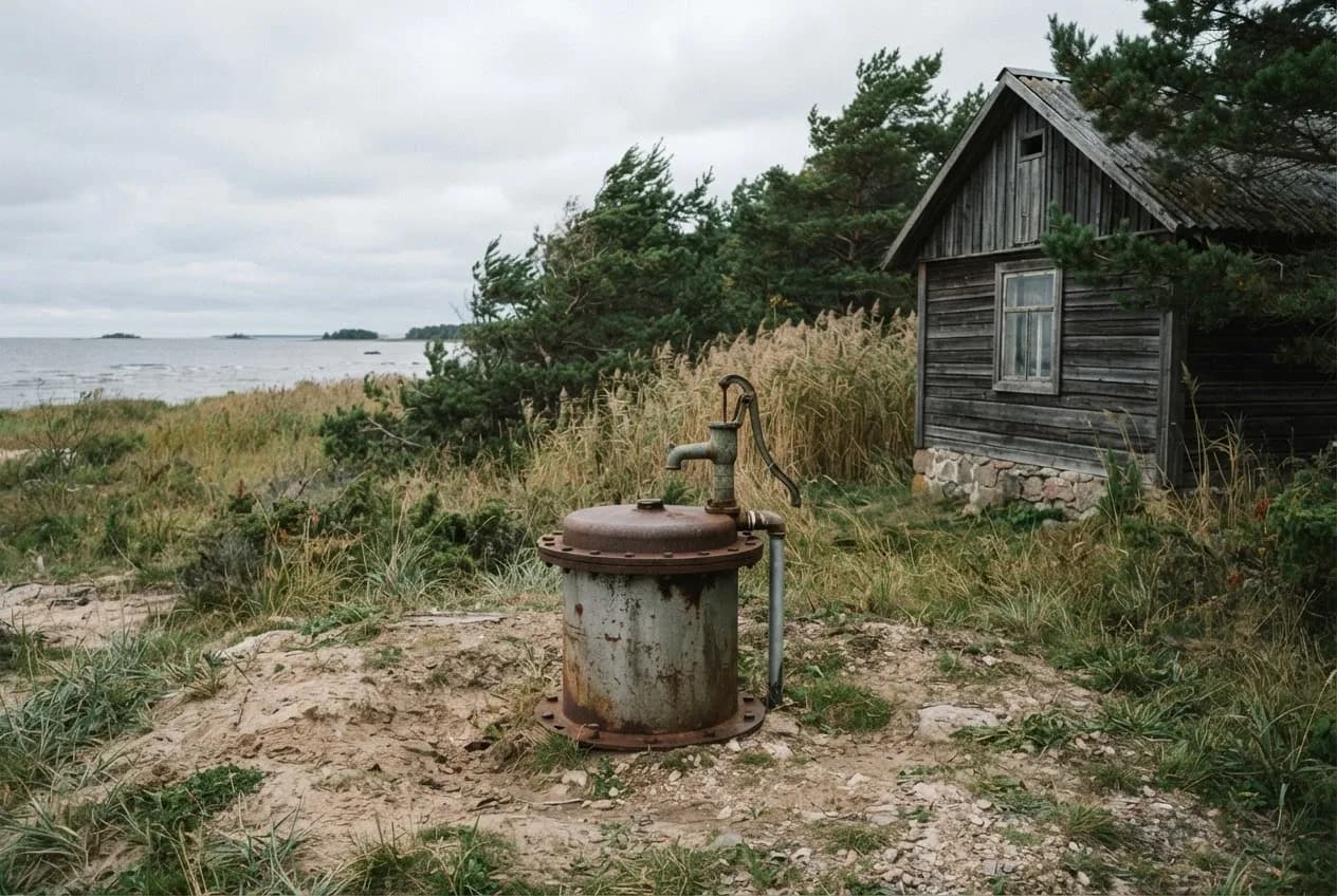 Roostetanud kaevupea käsipumbaga rannaäärse puumaja ees, taga mänd, pilliroog ja hall meri