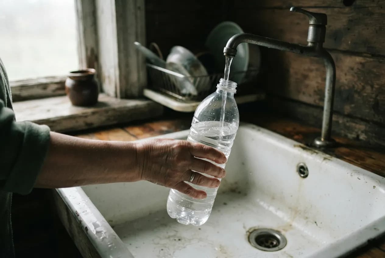 Käsi hoiab plastpudelit jooksva kraani all vanas puitmaja köökis emailitud valamu kohal
